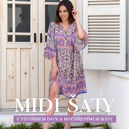 🌸Květinové midi šaty s rozšířenými rukávy do V