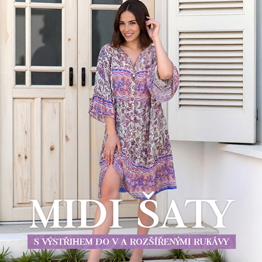 🌸Květinové midi šaty s rozšířenými rukávy do V