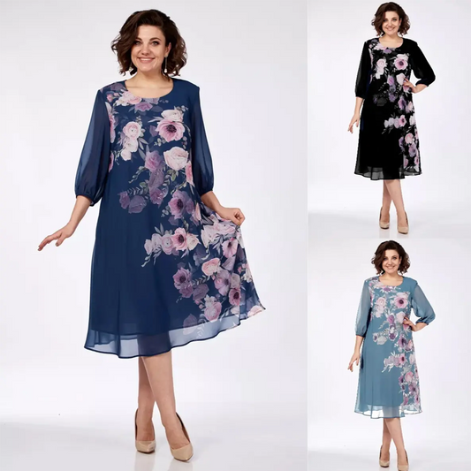 🌸 Dámské šaty s kulatým výstřihem s elegantním květinovým potiskem