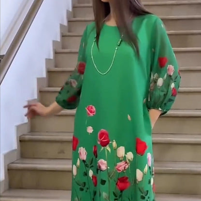 Dámské elegantní květinové šaty s kulatým výstřihem