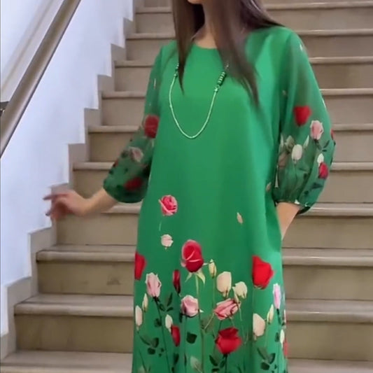 Dámské elegantní květinové šaty s kulatým výstřihem