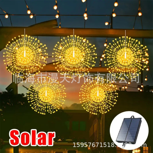 Solární světelné řetězy Solar Fireworks – automatické zapínání/vypínání, vodotěsné LED diody pro zahradu, terasu a večírky