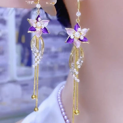 💎 Elegantní náušnice s fialovými květy a třásněmi