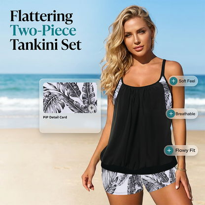 🎉Oferte speciale de sărbători❤️Costum de baie tip tankini pentru femei, format din două piese: bluză tip blouson și pantaloni scurți