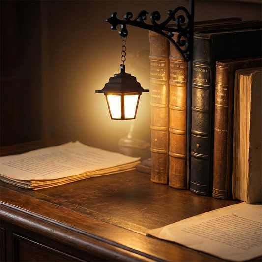 📚 Miniaturní retro lampička – podložka pod knihy ve tvaru pouliční lampy – dekorativní a s teplým světlem ✨