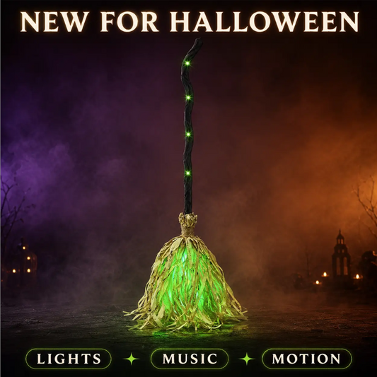 Animovaná halloweenská dekorace – čarodějnické koště se světlem a zvukem