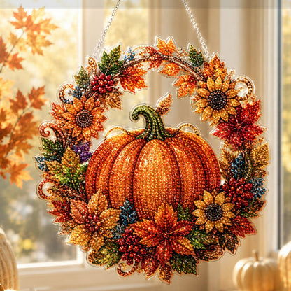 🎃 5D diamantové malování podzimní věnec DIY sada – Průhledný akrylový základ, design s dýní/slunečnicí/javorovými listy, kompletní nástroje včetně řetízku – Perfektní dekorace na okno nebo zeď ✨