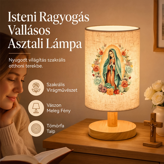 Dřevěná stolní lampa s motivem Panny Marie
