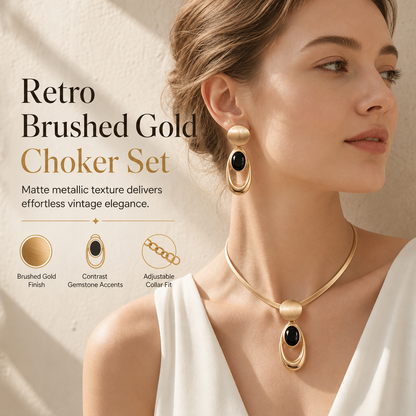 Sada náušnic v retro stylu ze zlata s leštěným povrchem a černými drahokamy, elegantní sada šperků s náhrdelníkem