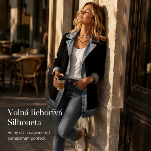 ⌛Omezená nabídka-Elegantní dámská džínová bunda s vsadkami a žebrovaným úpletem
